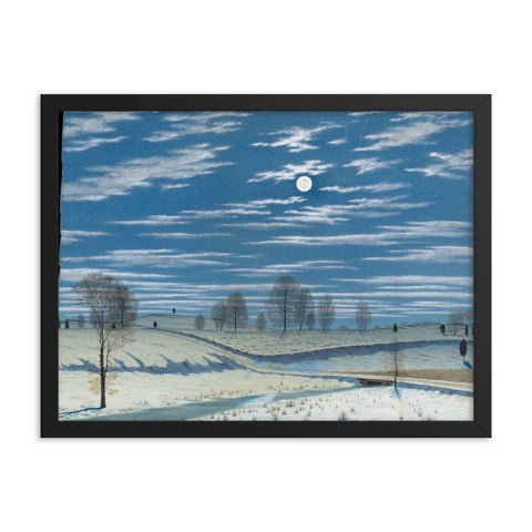 Winter Scene in Moonlight Painting - Framed Print
